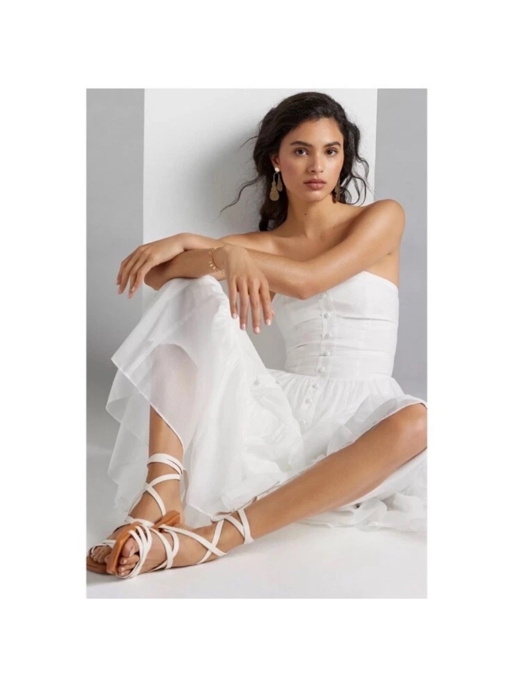 Anthropologie White Strapless Button-Front Tiered Midi Dress